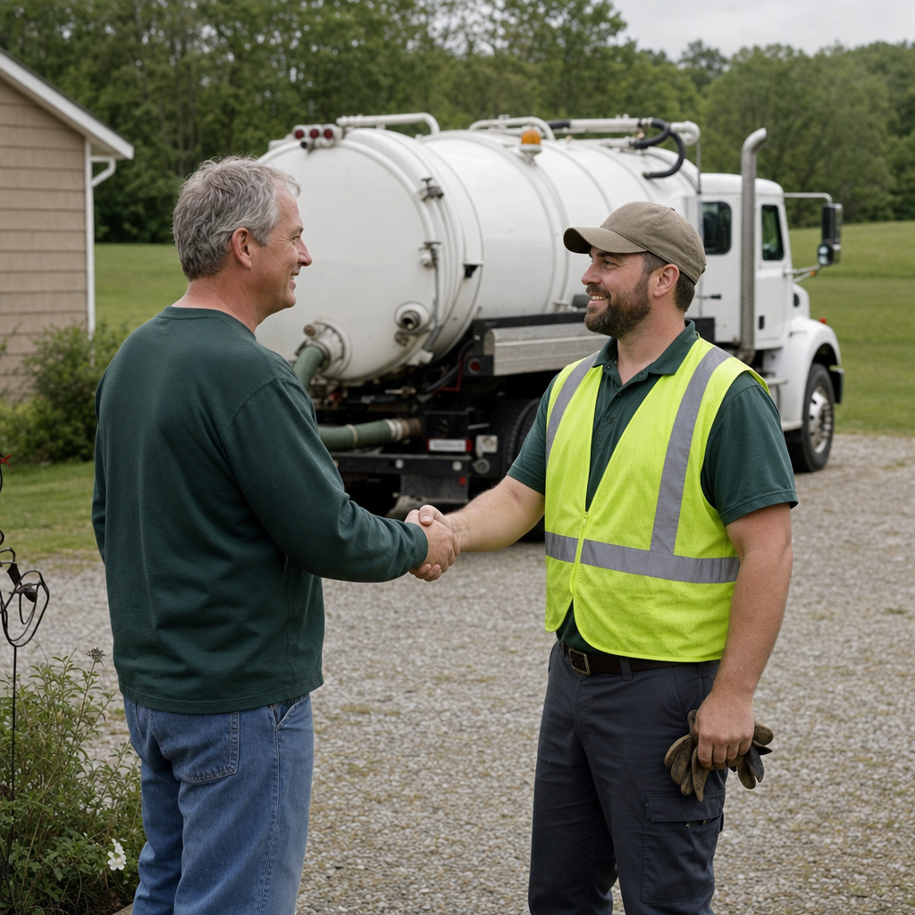 A septic technician shaking a Washington Heights homeowner's hand beside the service truck after a completed pump-out