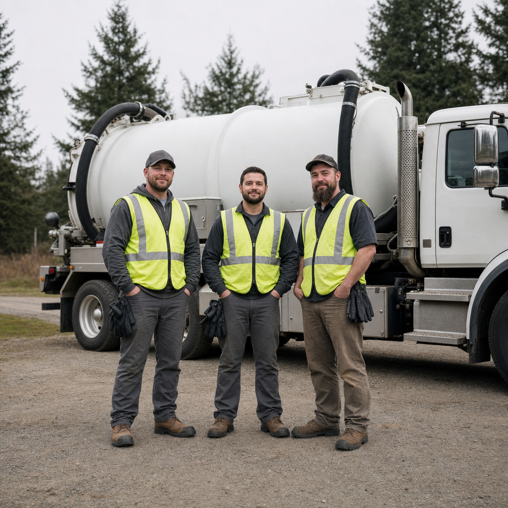 The Washington Heights septic pumping crew standing together beside their clean white vacuum truck on a residential street