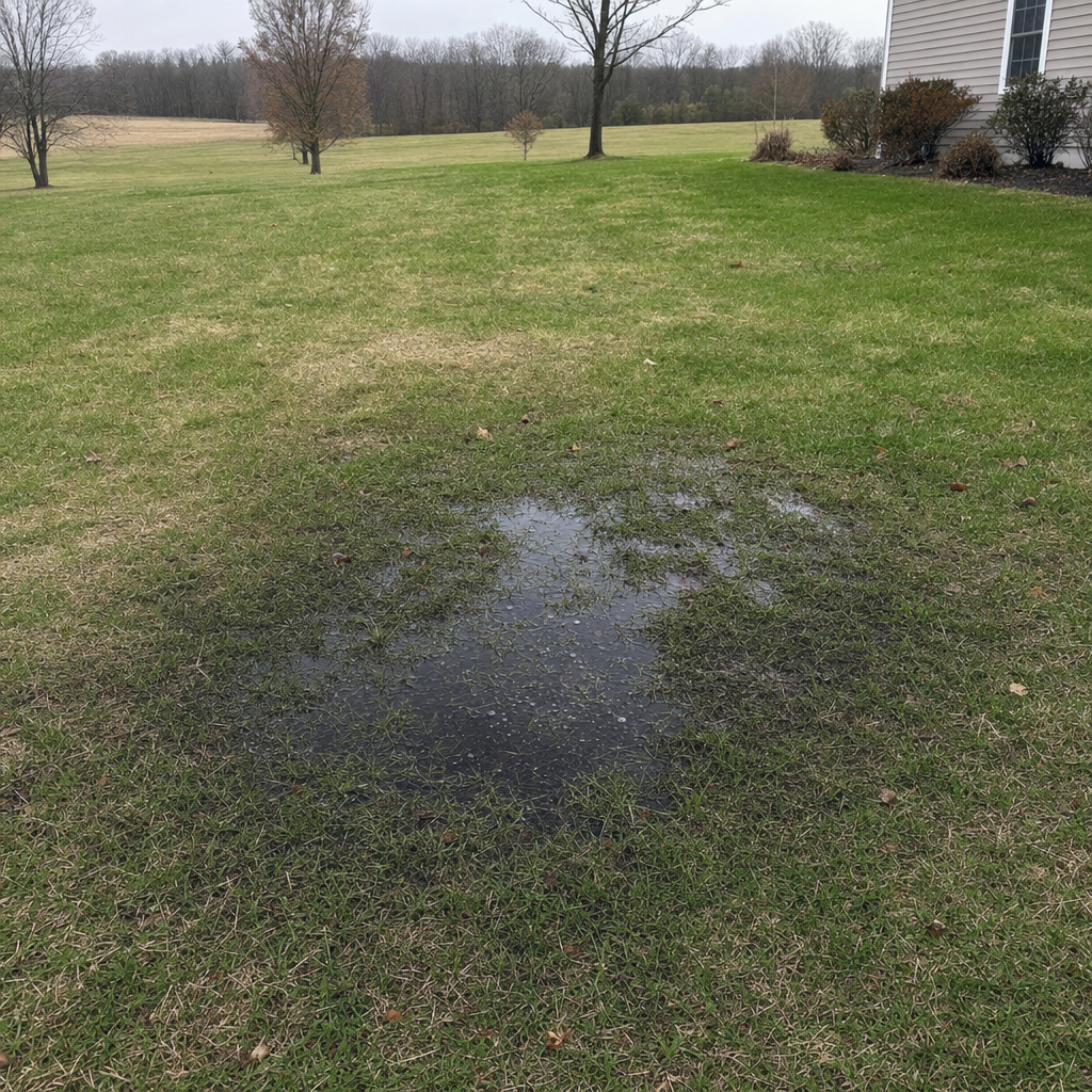 A dark, saturated wet spot in a Washington Heights backyard lawn marking a failing cesspool at capacity