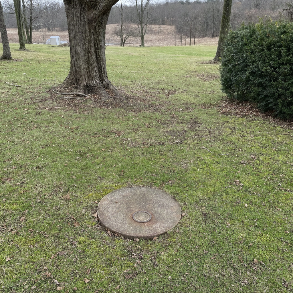 An older round cesspool access lid set flush in an established, mature Washington Heights backyard lawn