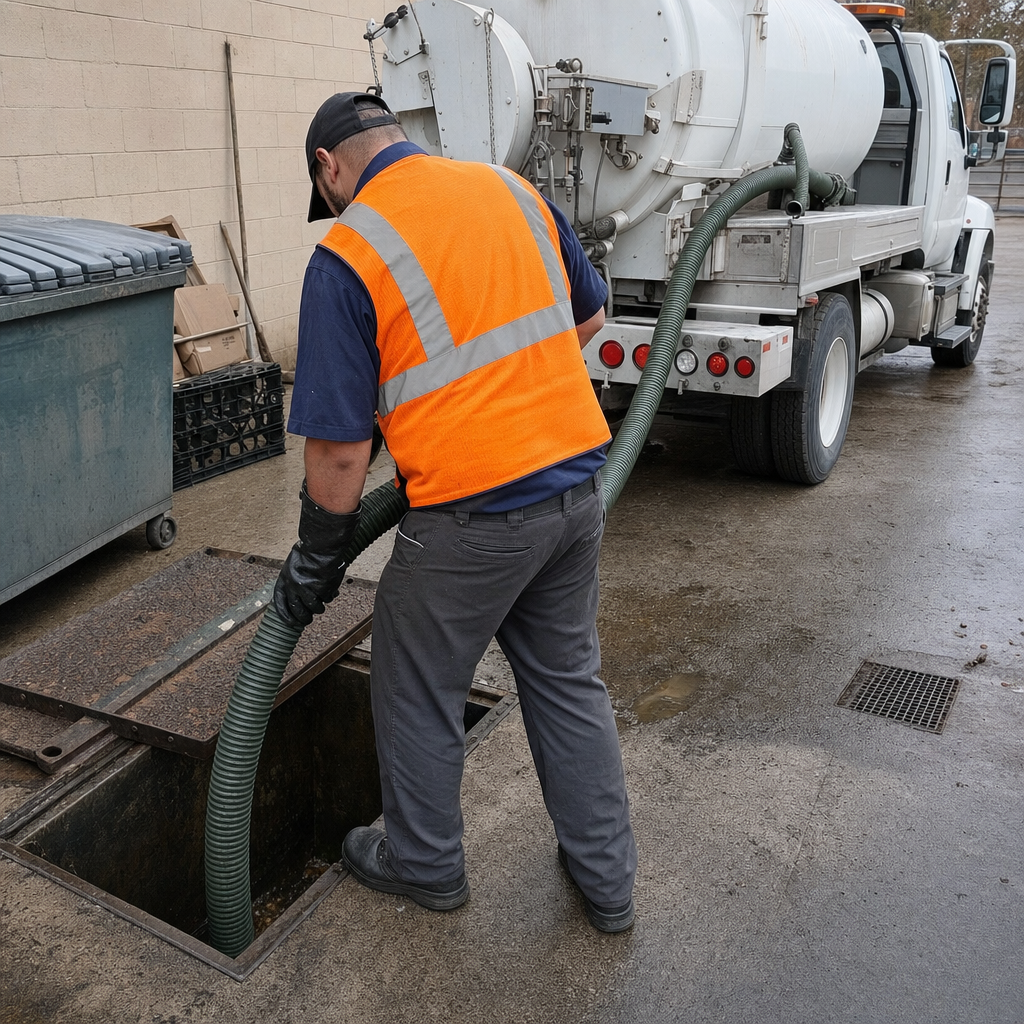 Technician pumping a grease trap behind a Washington Heights restaurant