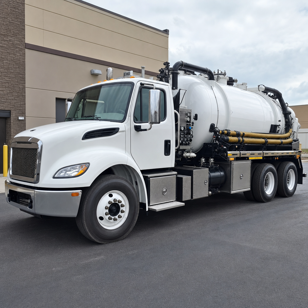 Commercial septic vacuum truck parked in a Washington Heights business parking lot