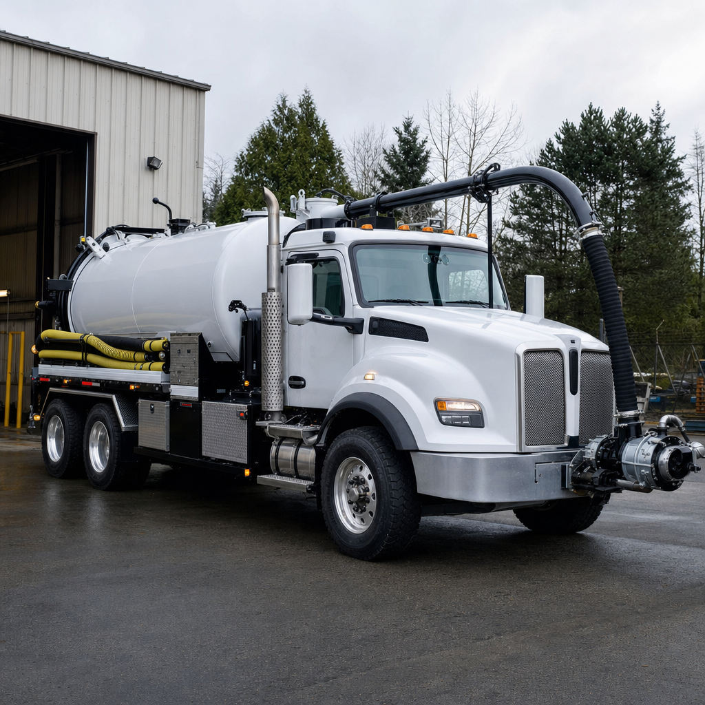 A clean white septic vacuum truck rolling out of a tidy Washington Heights service depot at the start of the day