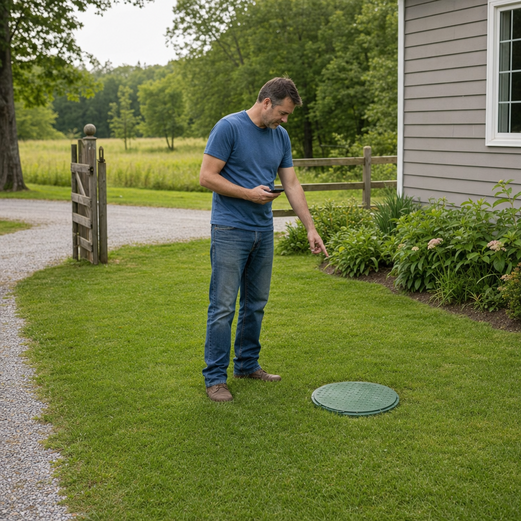 A Washington Heights-area homeowner standing in the backyard noting where the septic tank lid and access route are located