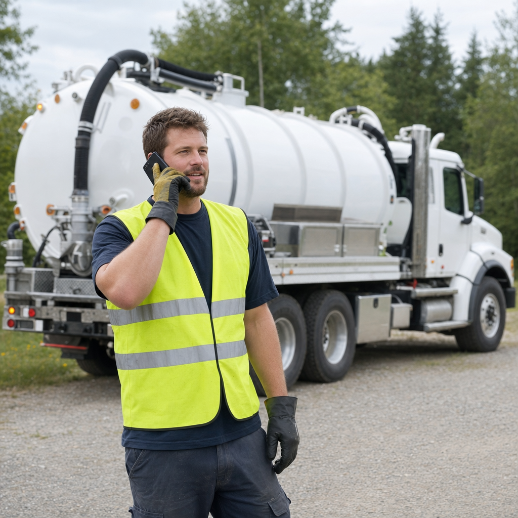 A friendly septic dispatcher holding a phone, ready to answer a Washington Heights homeowner's call about a pump-out