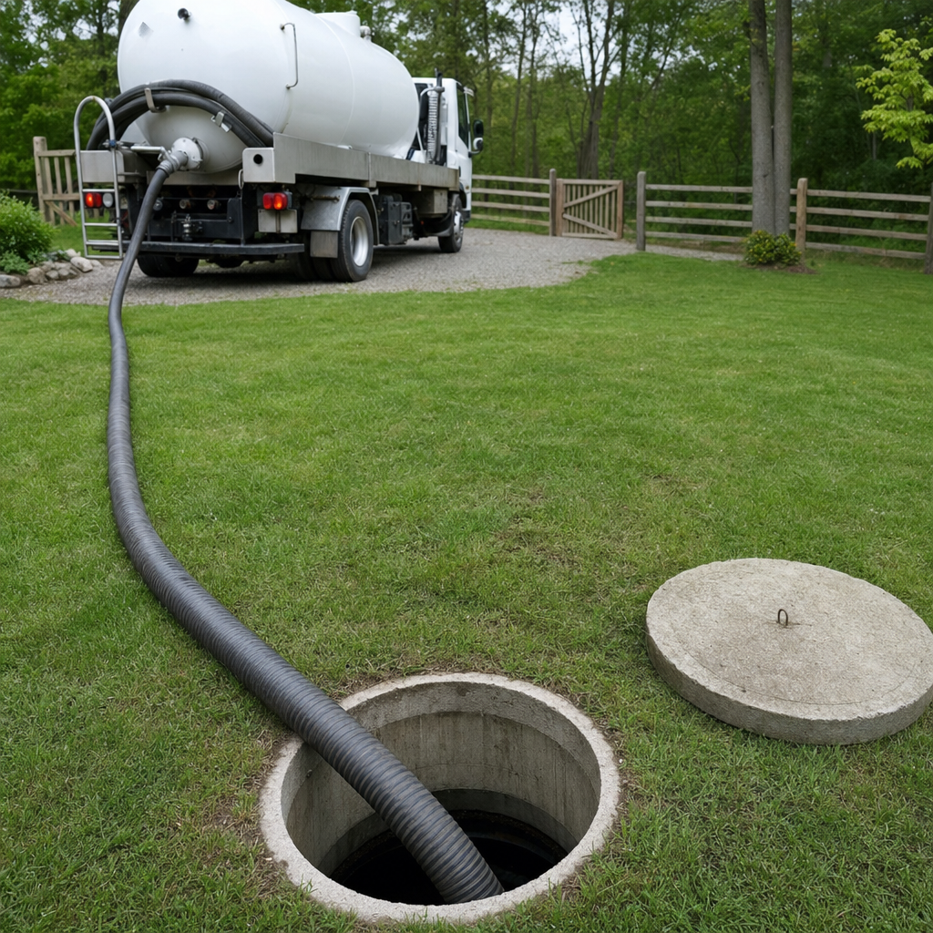 Suction hose connected to an open septic tank, drawing it down in a tidy Washington Heights yard