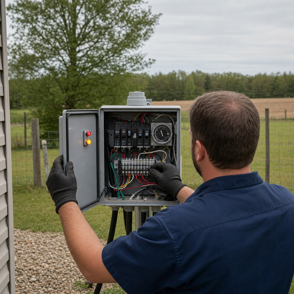 Technician checking an aerobic septic control box with a lit red high-water alarm during a same-day Washington Heights visit