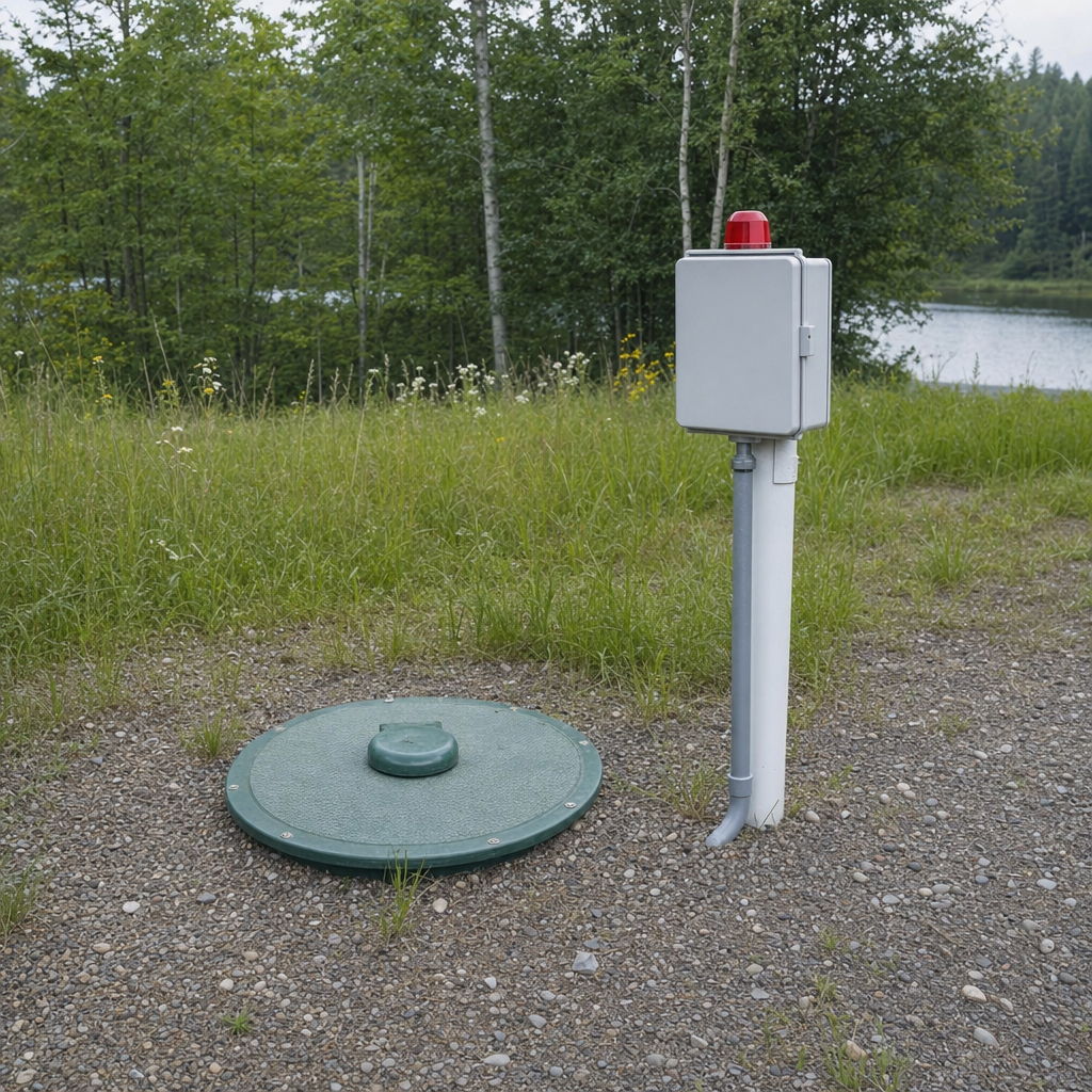 A wastewater holding tank access lid set in the ground at a rural Washington Heights-area cabin, with a mounted high-level float alarm panel nearby