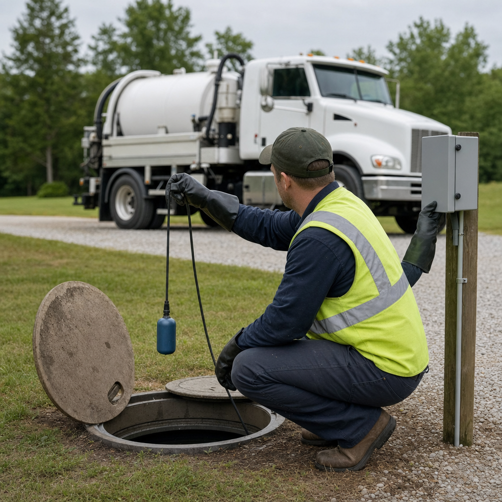 A septic technician in a high-visibility vest checking a high-level float switch and alarm panel on a holding tank at a rural Washington Heights-area site