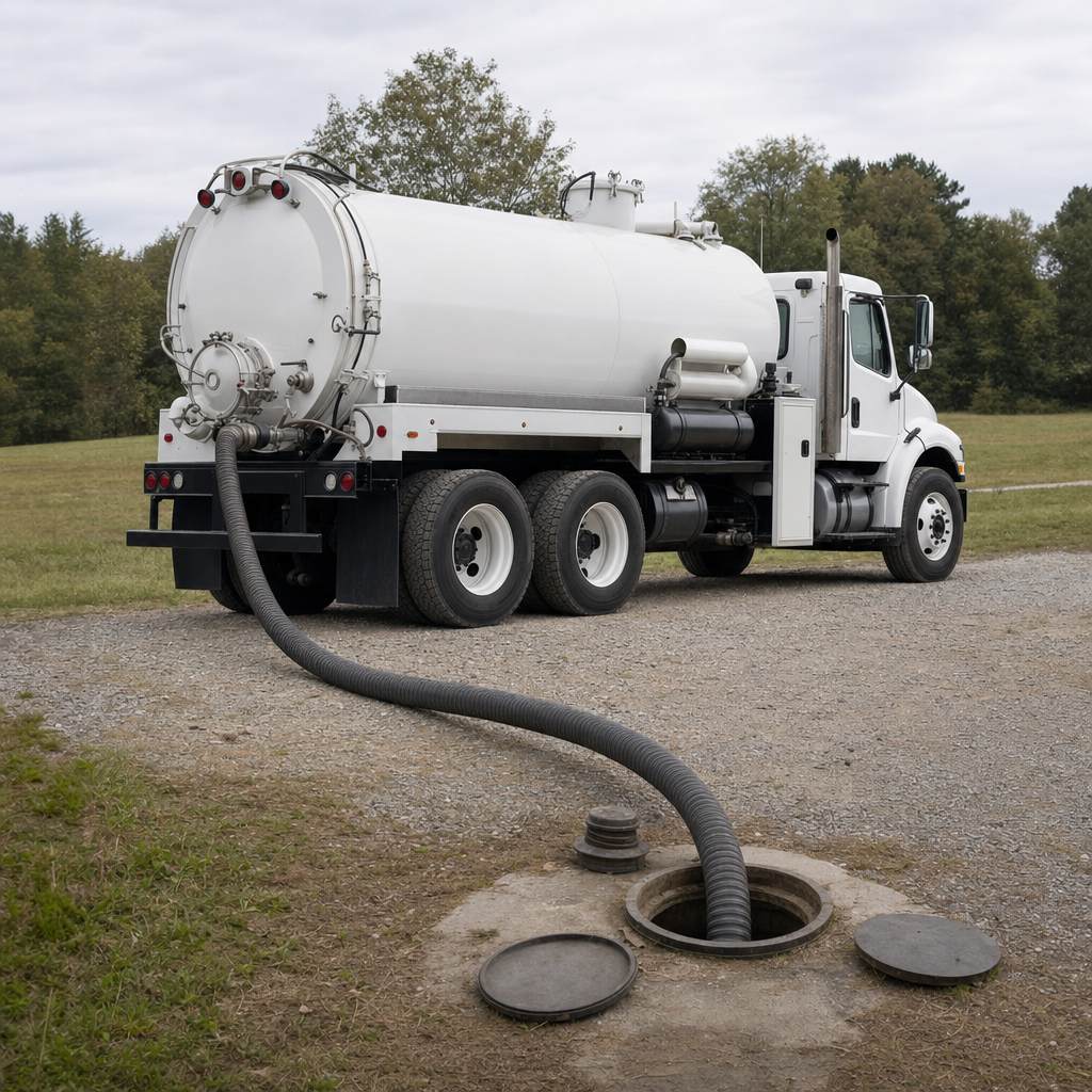 An unmarked white vacuum truck emptying a wastewater holding tank on a scheduled visit at a rural Washington Heights-area property, thick suction hose running to the tank lid
