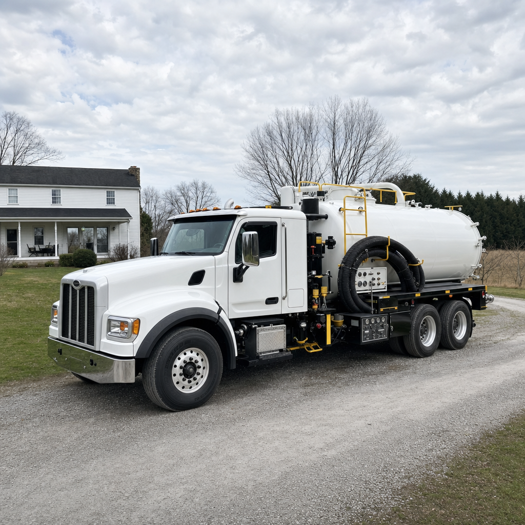 A clean white septic vacuum truck parked on a tidy Washington Heights driveway with the suction hose neatly coiled