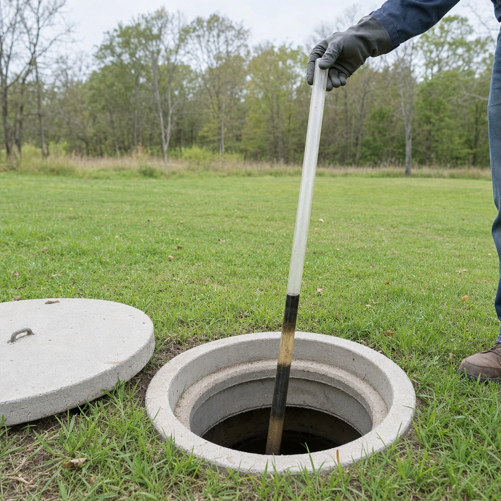 A septic sludge-judge measuring stick lowered into an open Washington Heights septic tank to read the depth of the sludge and scum layers before deciding whether a pump-out is due