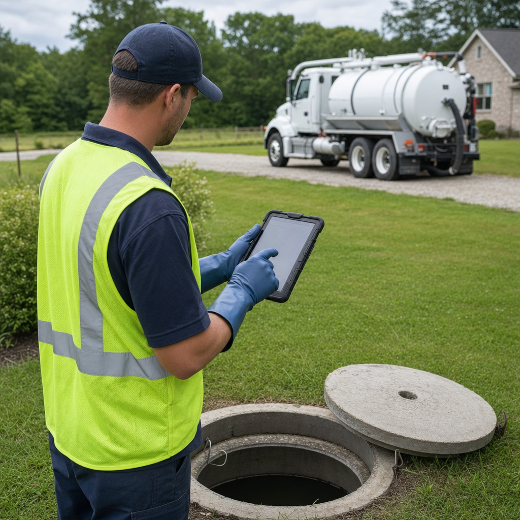 A septic technician recording a Washington Heights home's pump-out date and tank condition on a tablet beside an open access lid, tracking the service history that sets the next due date