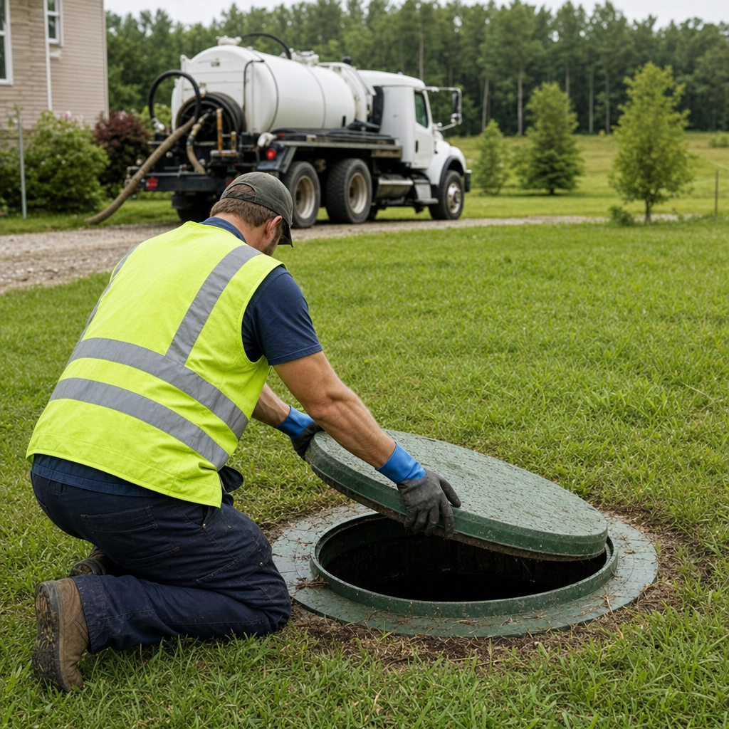 Septic technician kneeling on a Washington Heights lawn, lifting the access lid on a residential septic tank