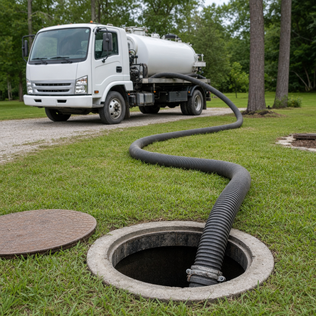 Thick ribbed suction hose lowered into a clean open septic tank port on a tidy Washington Heights backyard lawn