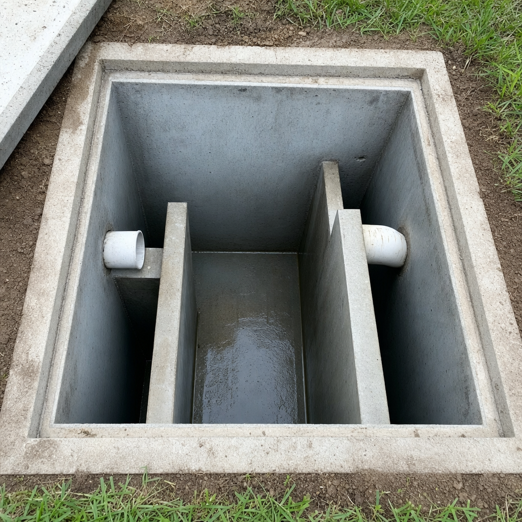 Inspection of the concrete baffles inside an open, emptied and freshly cleaned Washington Heights septic tank