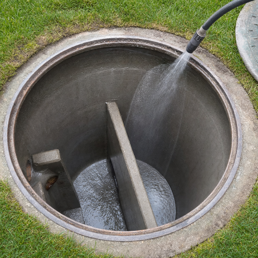 Interior concrete walls of an emptied Washington Heights septic tank being rinsed clean with the truck's onboard water hose