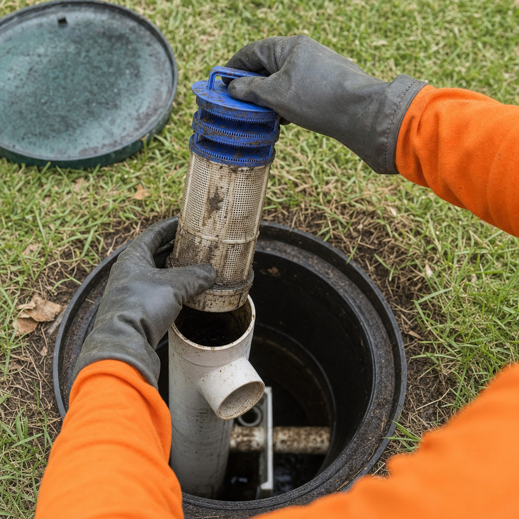Septic technician's gloved hands lifting the effluent filter cartridge out of the outlet housing on a Washington Heights septic tank