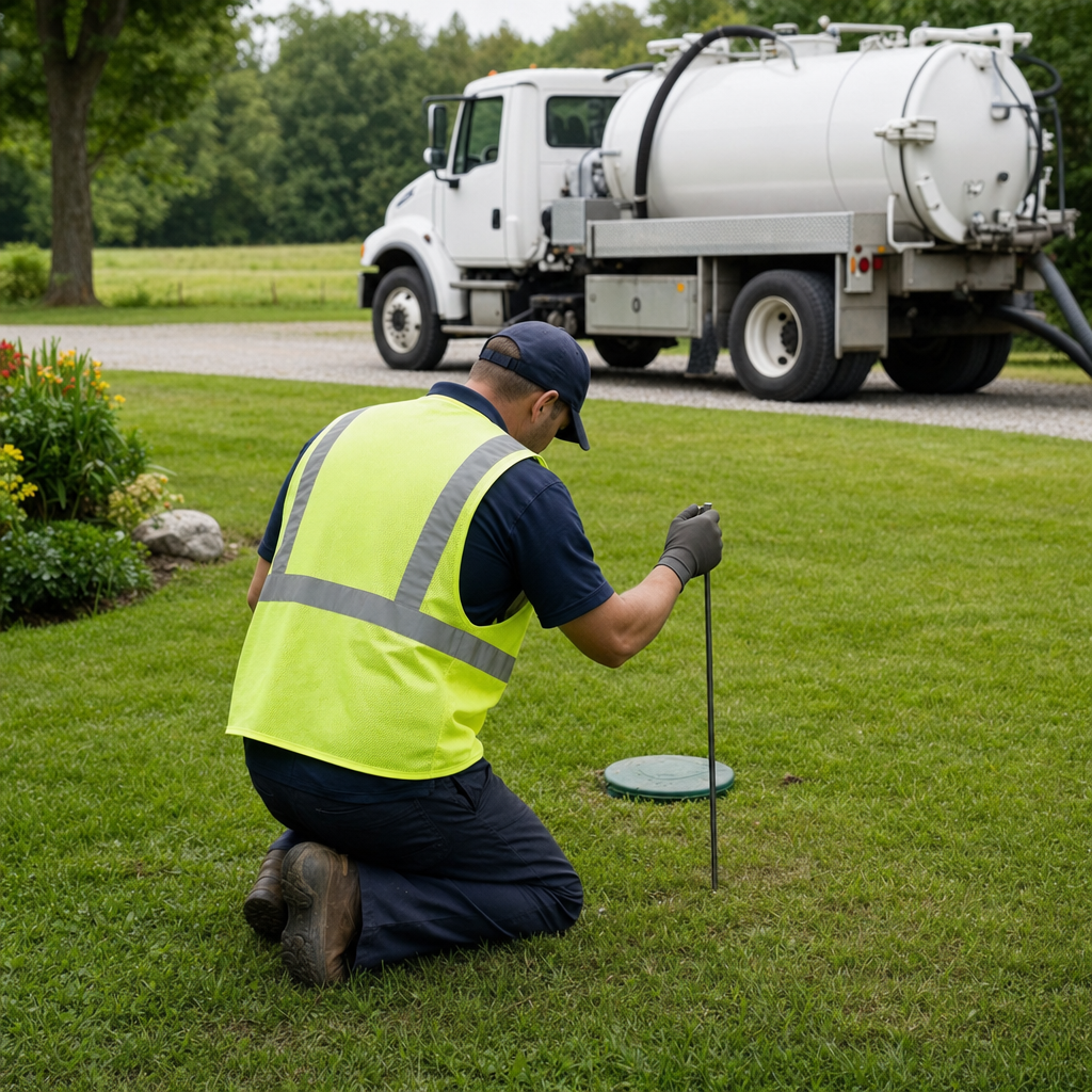 Septic technician kneeling on a Washington Heights lawn, probing to locate and measure the depth of a buried septic tank lid before pumping