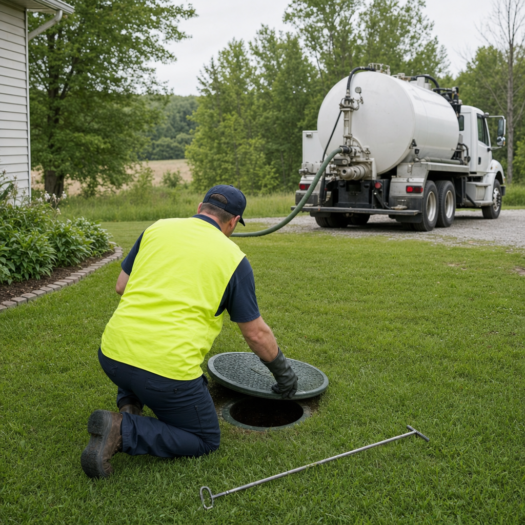 Septic technician kneeling on a Washington Heights lawn, lifting the buried access lid on a residential septic tank