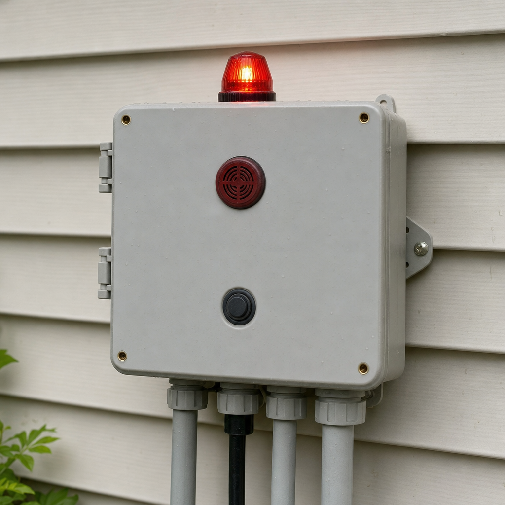 An aerobic septic system control panel mounted outside a Washington Heights home with its red high-water alarm light lit