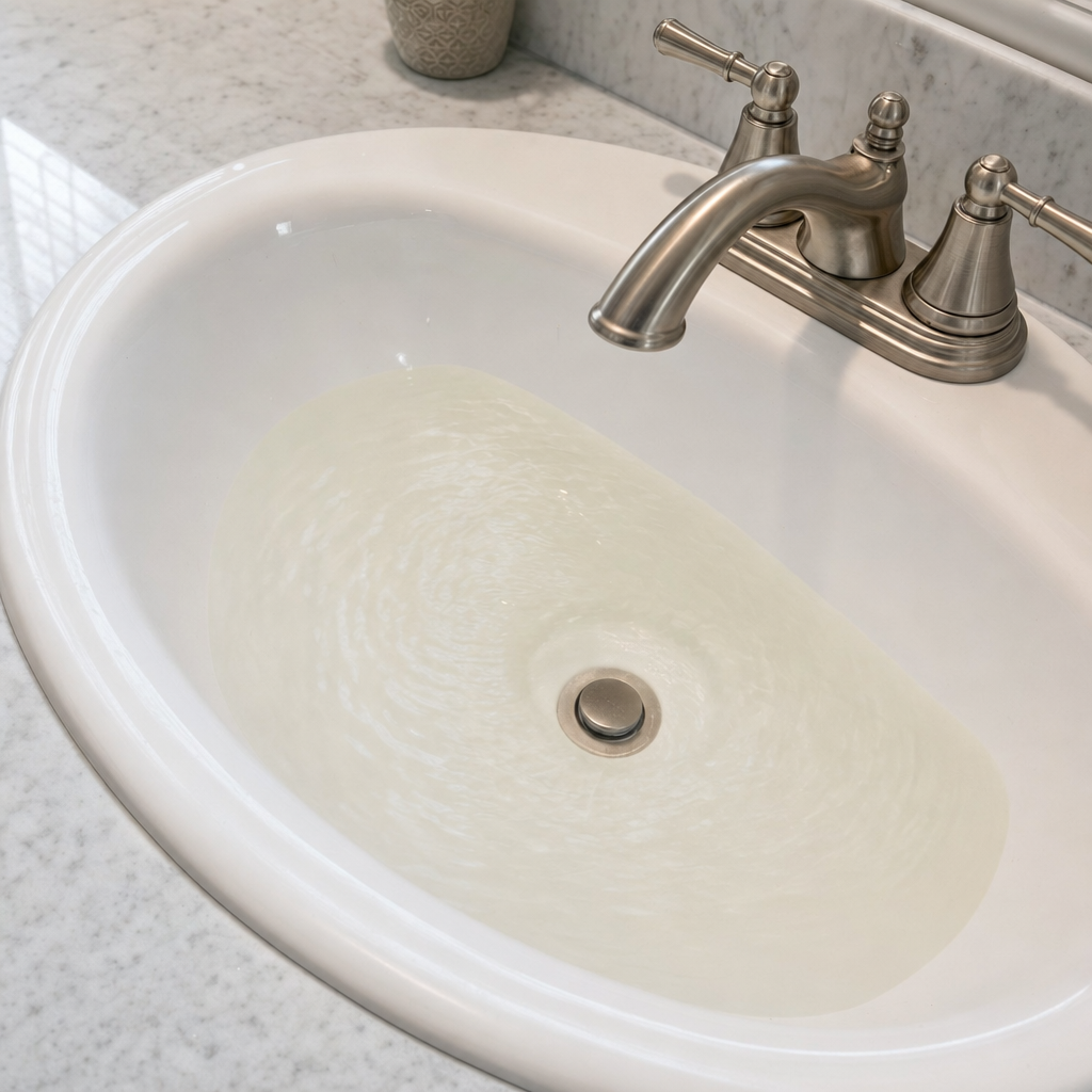 A bathroom sink draining slowly with water pooled in the basin, an early warning sign that a Washington Heights septic tank is full
